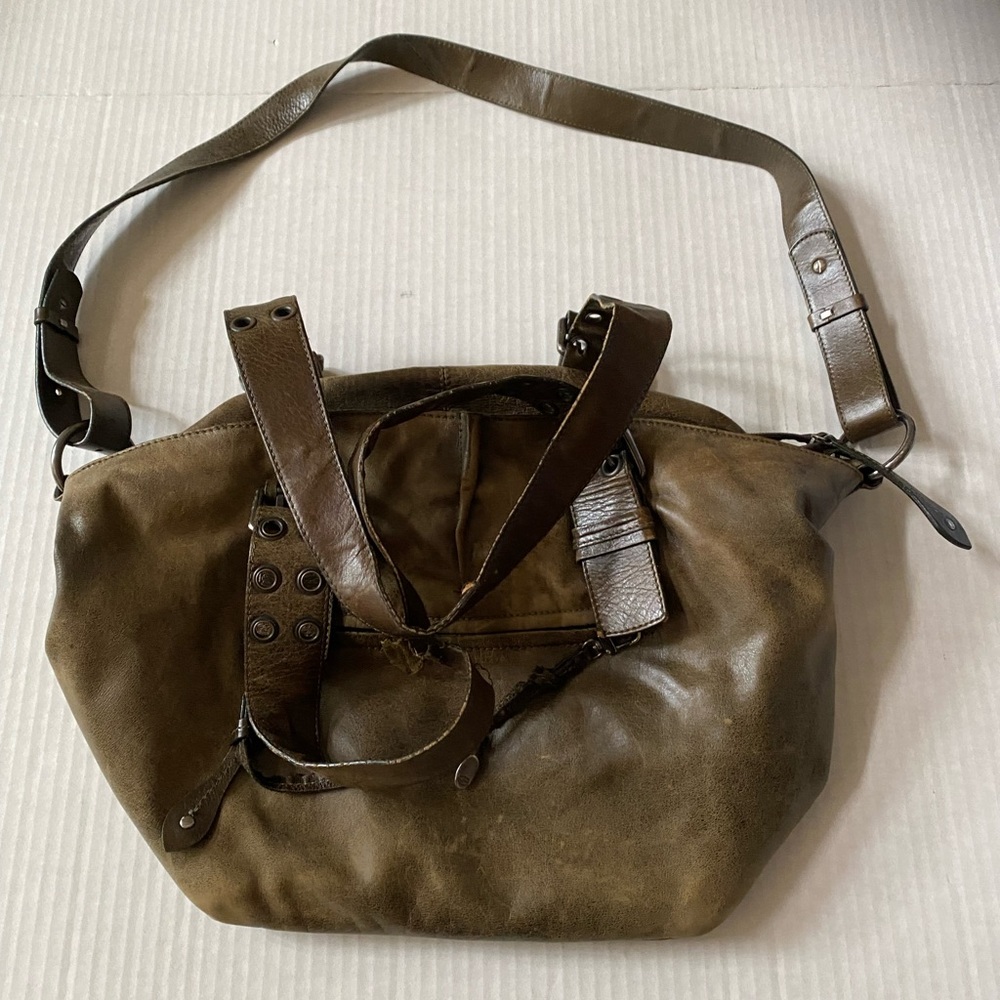 Francesco Biasia Large Distressed Leather Satchel Crossbody Olive Green - Picture 1 of 9